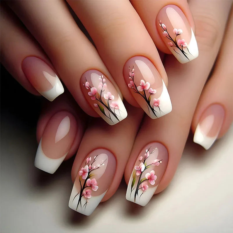 24pcs/set Meduim long fake nails for women peach flowers heart for Spring summer Square faux ongles press on false nail art tips