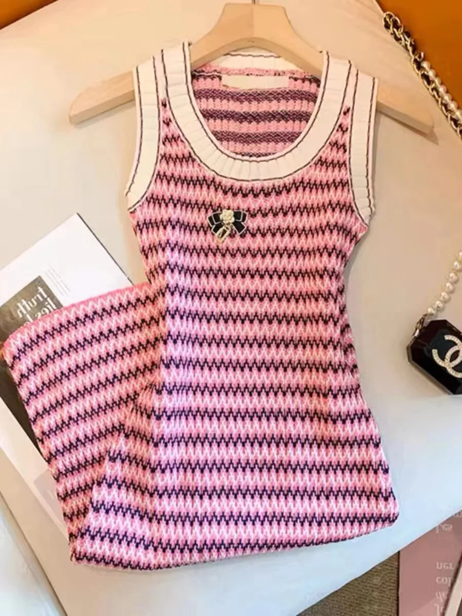 Women Short Sleeve Round Neck Striped Luxury Sheath Mini Dresses Summer Patchwork High Waist Slim Fit Knitting Dress Sleeveless