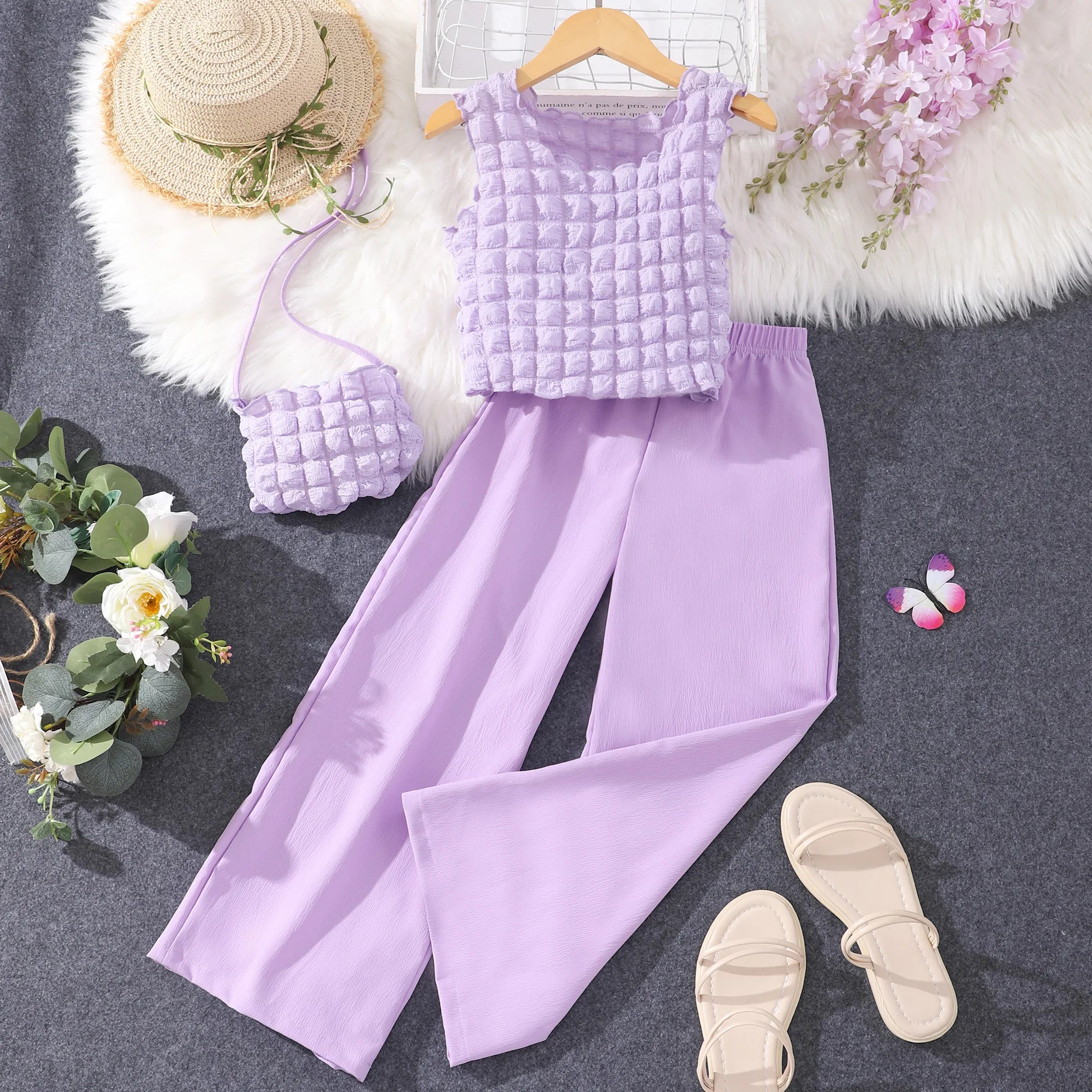 Girls Clothes Summer Clothes Beautiful Fashion Round Neck Sleeveless Solid Pants with Bag Set Clothing for Girls TZ23015S-PL