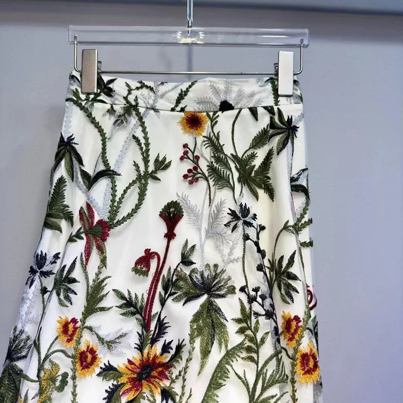 Top Quality New Long Skirts Spring Fashion Designer Women Elastic Waist Allover Luxurious Embroidery Sexy Tulle Mesh Skirts