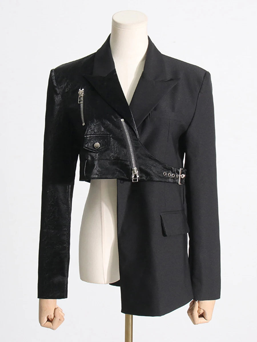 TWOTWINSTYLE Solid Spliced Zipper Irregular Jackets for Women Lapel Long Sleeves Patchwork Pockets Fshion Jacket Female Clothing