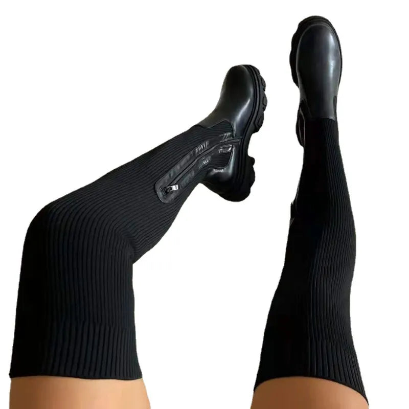 Women Thick Sole Boots Autumn Winter Breathable Knitting Sock Ladies Thigh High Boots Stretch Round Toe Shoes Plus Size 43