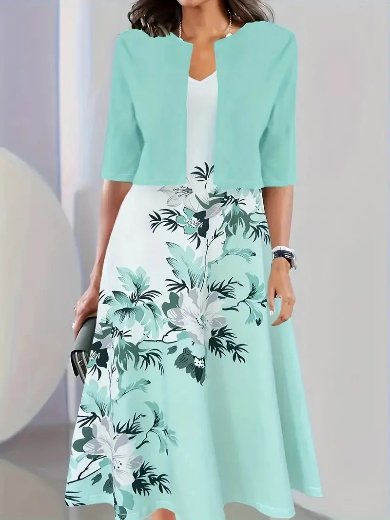 for summer 2024! Eu-us Fall Women's 2 long Dress Set - floral and grass print crew neck dress with chiffon short coat