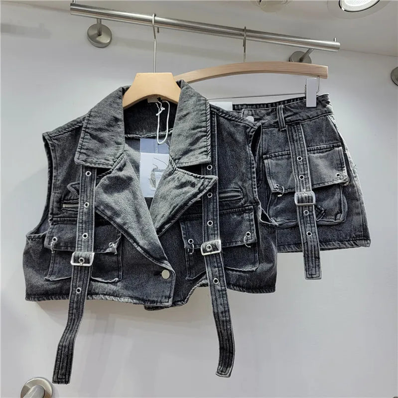 Retro Pink Large Pocket Denim Suit Spring Summer Sleeveless Short Vest High Waist Hip Wrapped Skirt 2 Pieces Sets Women Outfits Black
