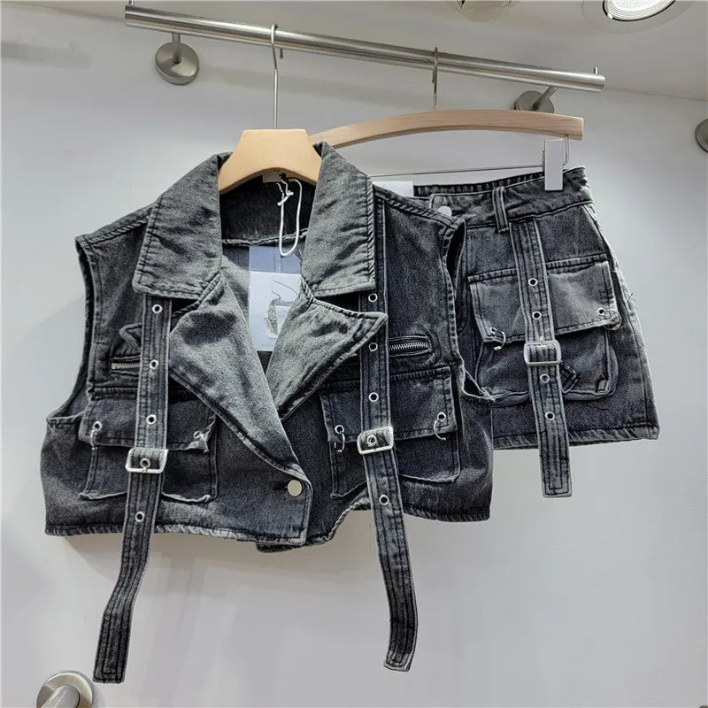 Retro Pink Large Pocket Denim Suit Spring Summer Sleeveless Short Vest High Waist Hip Wrapped Skirt 2 Pieces Sets Women Outfits Black