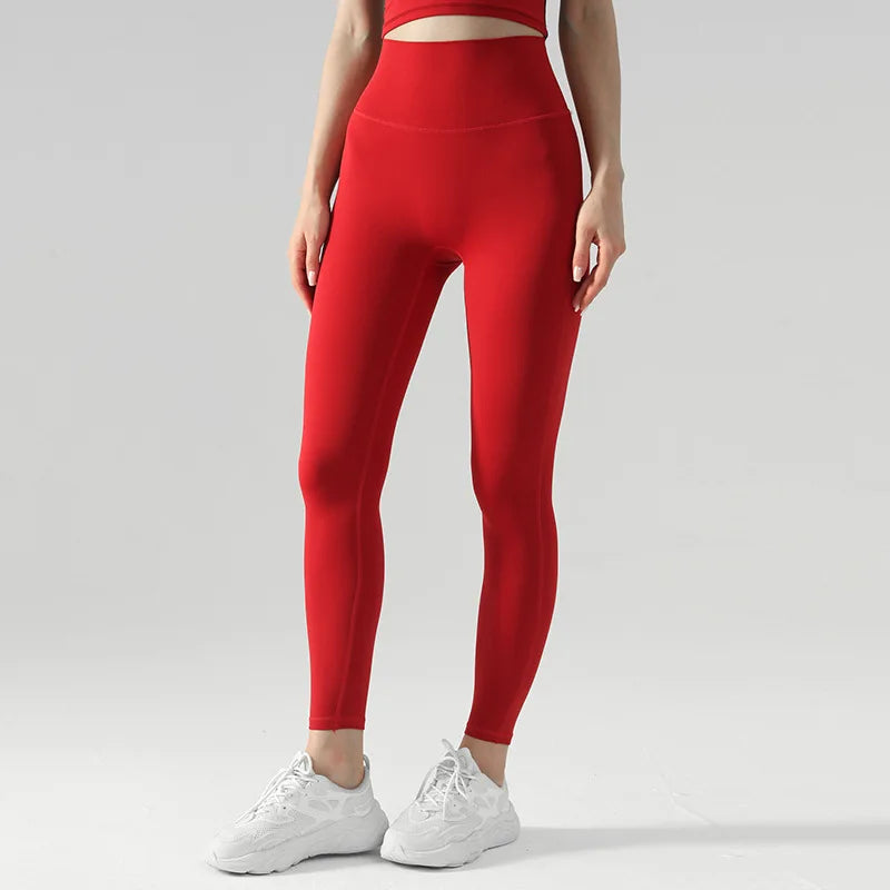 Emily Sportswear Naked High Waist Tight Yoga Pants Double-sided Brushed Peach Buttocks Lifting Running Sports Fitness Leggings Red CHINA