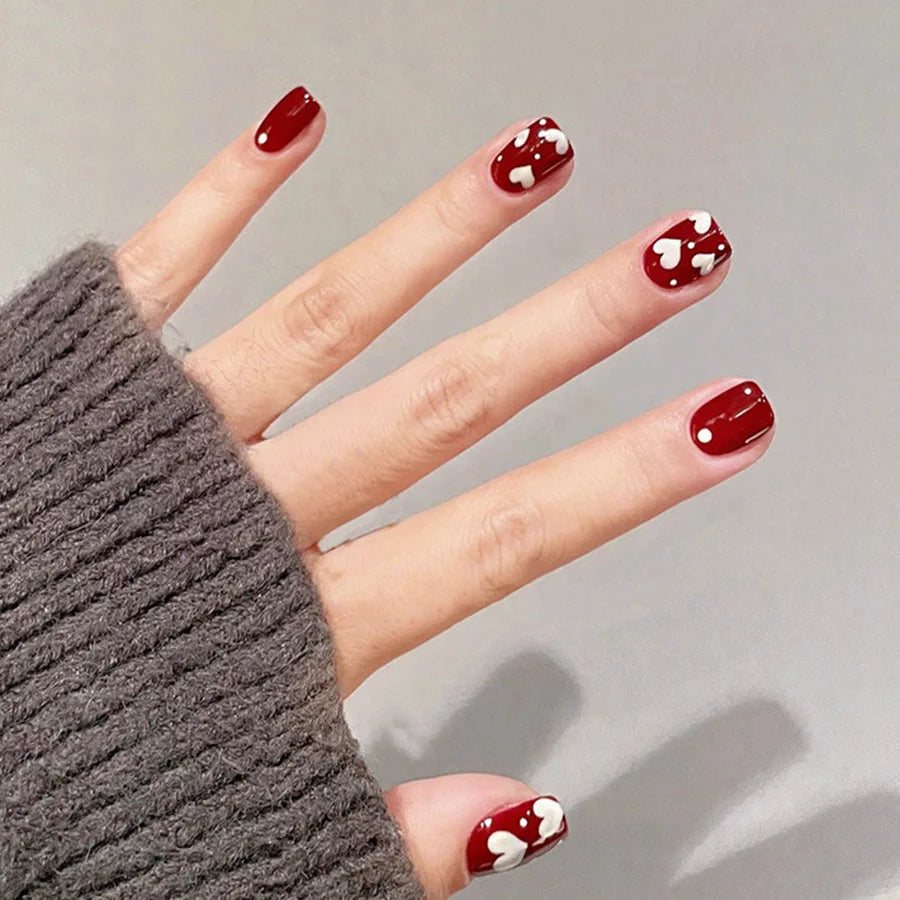 24pcs/set medium long fake nails for women cute gradient pink red heart rose flowers for Valentine's Day press on acrylic nails
