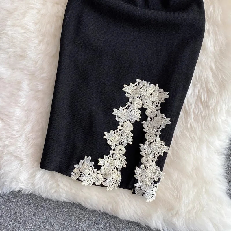 Chic Fashion Sexy Package Hips Lace Patchwork Knitted Summer Dress Women Black Mini Party Dress Streetwear Outfits