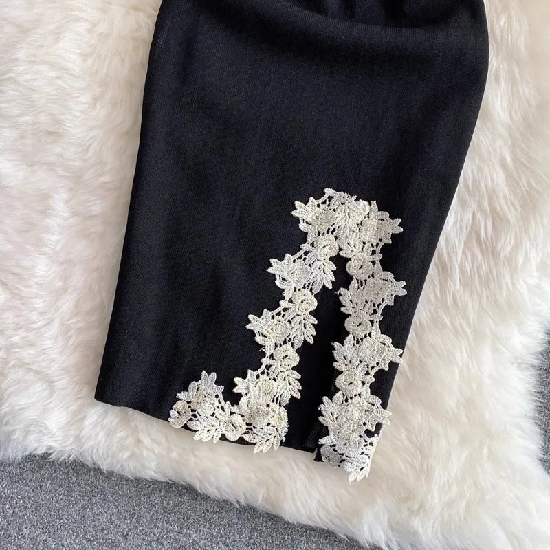 Chic Fashion Sexy Package Hips Lace Patchwork Knitted Summer Dress Women Black Mini Party Dress Streetwear Outfits