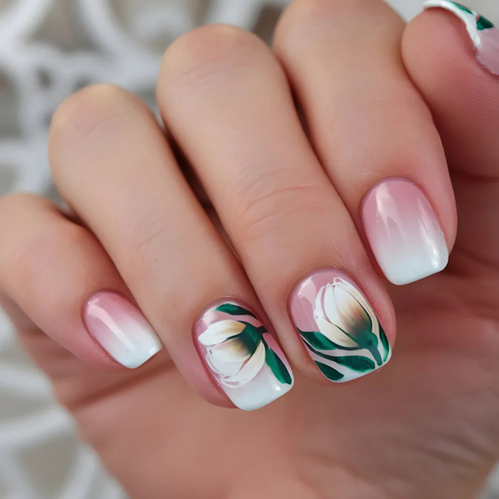 24pcs/set short Medium square fake nails for women gradient nude pink flowers french almond summer tips press on false nail art