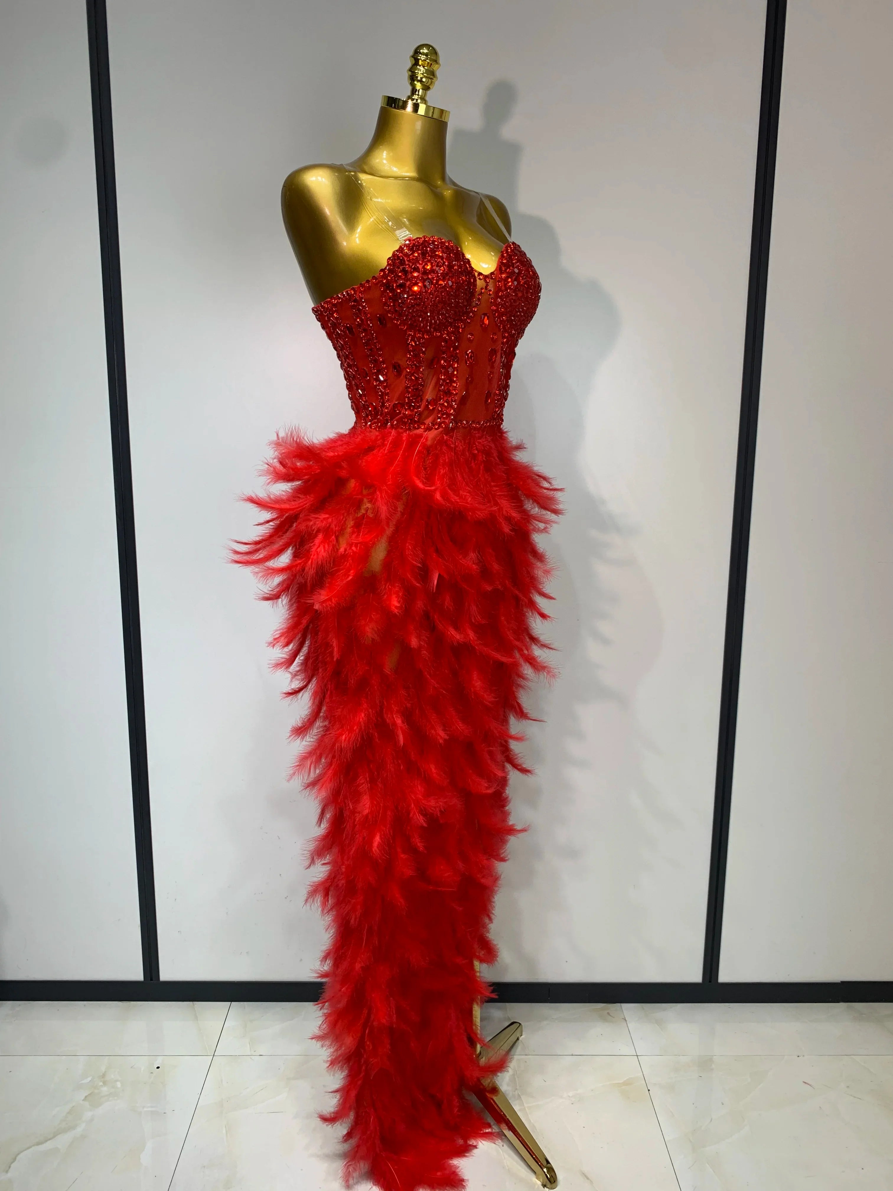 Sparkly Rhinestone Feather Mesh Long Dress Women Sexy Elegant Evening Party Luxury Birthday Photo Shoot Performance Costume