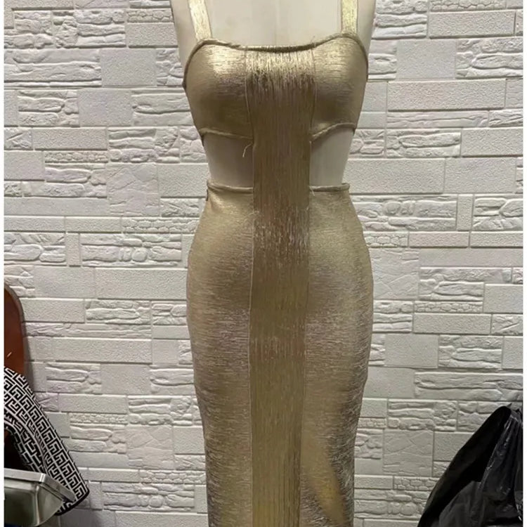 Gold Foil Color New Summer Women Sleeveless Sexy Bandage Bodycon Mid-claf Dress Elegant Evening Party Dress Birthday Party Wear