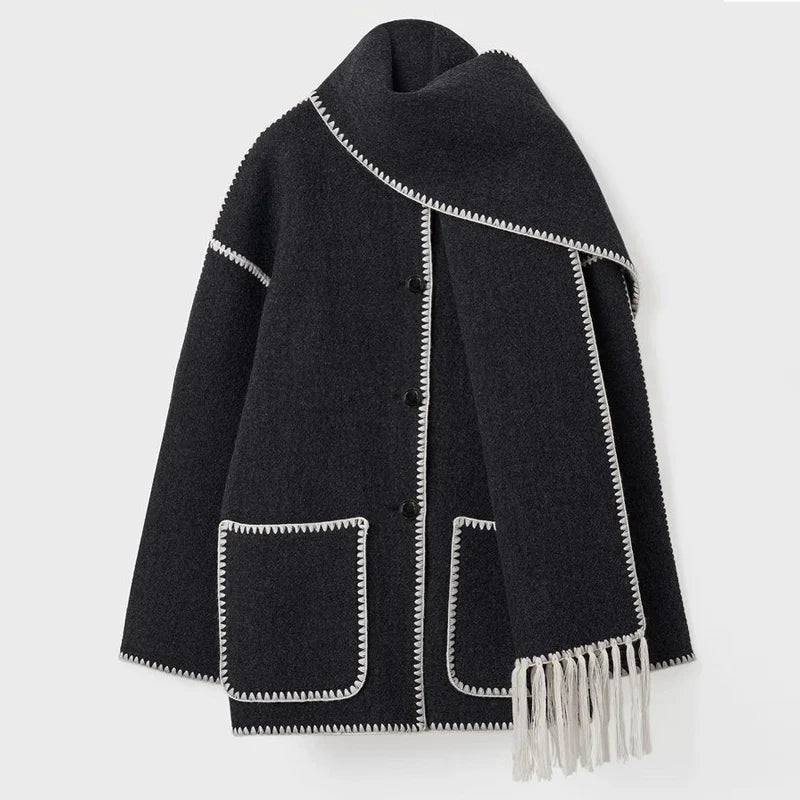 Fashion Embroidery Coat With Scarf For Women Long Sleeve Pockets Jacket Female Autumn Single Breasted Loose Lady Streetwear as picture 3