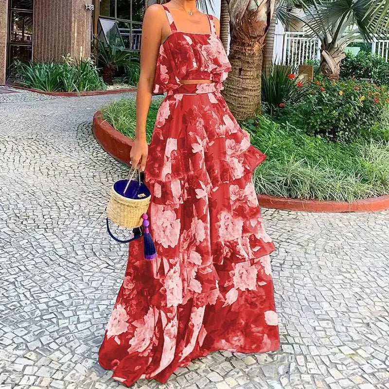 Summer Sexy Sleeveless Suspender Tops And Skirt Suit Fashionable Elegant Ruffled Dress Top Outfits Casual Party Two-piece Sets