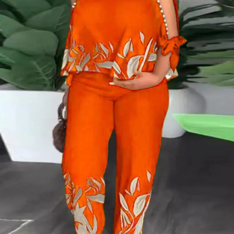 Plus Size 5XL Elegant Women Pant Sets 2024 VONDA Summer Cold Shoulder 2pcs Casual 3/4 Sleeve Tops Vintage Printed Matching Sets