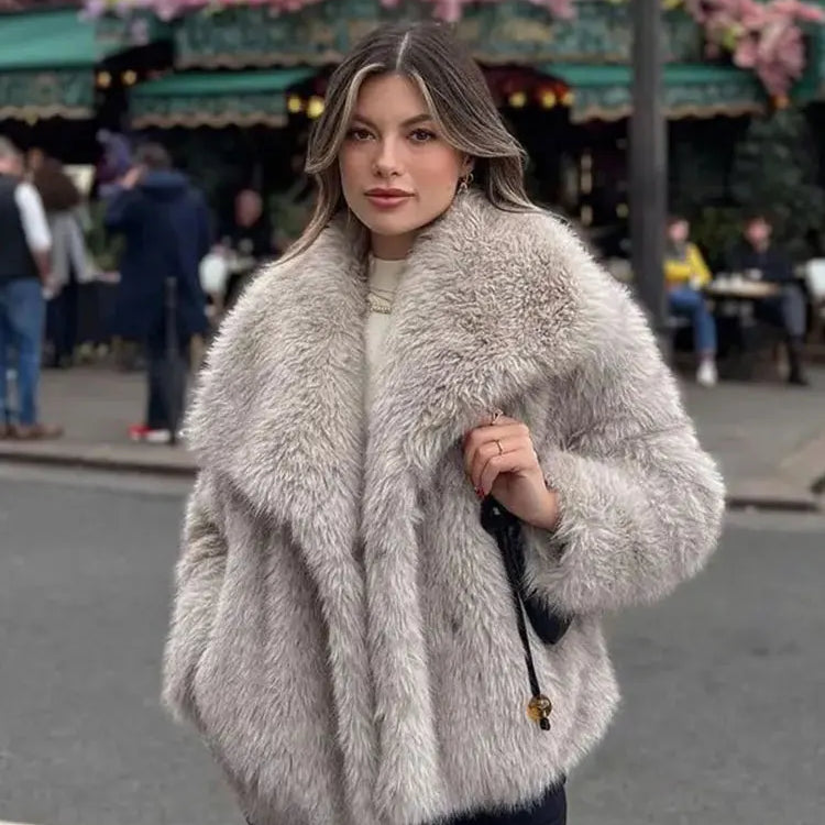 Winter New Fashion Female Vintage Long Sleeve Outerwear Woman Warm Plush Coat Ladies Casual Lapel Collar Thick Coat