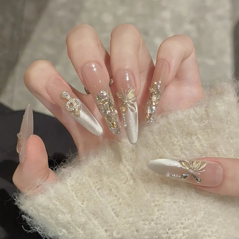 10Pcs Naked Color Cat Eye Glitter Handmade False Nails Long Stiletto Almond French White Flowers Fake Nails Tips Reusable Nails