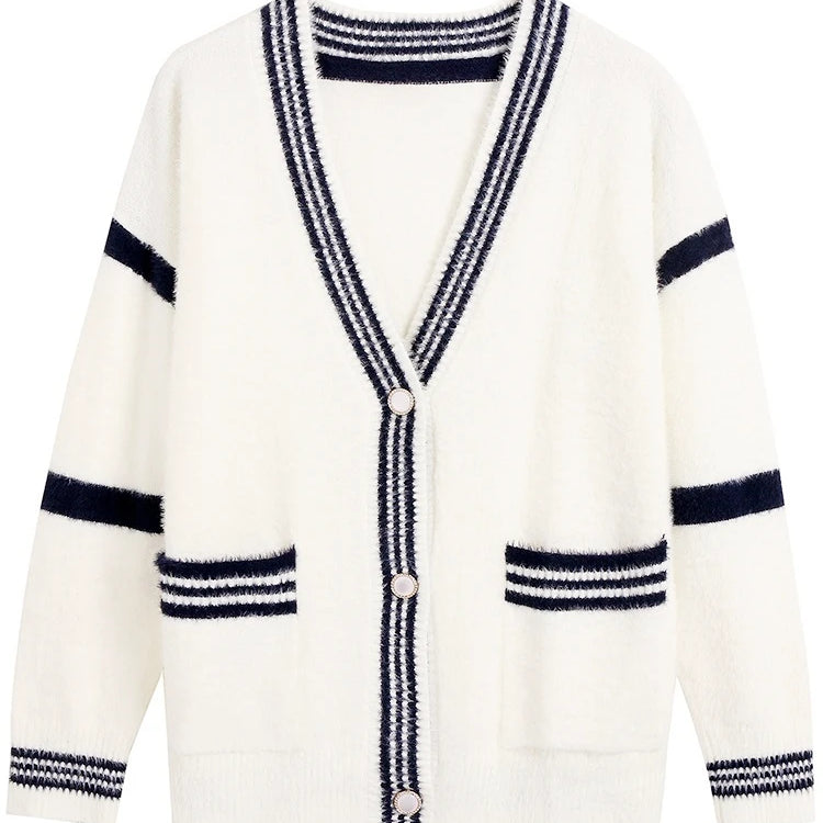TYHRU Women's Knitting Sweater V Neck Color Matching Pocket Single-Breasted Buttons Loose Casual Knitted Cardigan Top WHITE