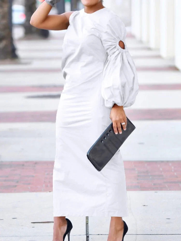 CM.YAYA Women Cutout One Long Sleeve Ruched Side Split Maxi Bodycon Midi Dress 2023 Winter Vintage Sexy Party Dresses Vestidos