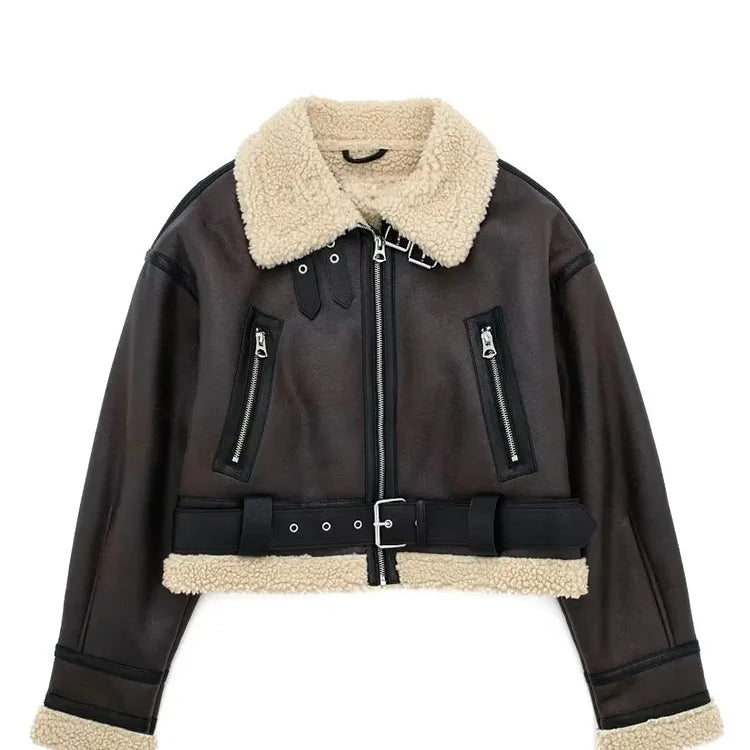 TRAFZA 2023 Women Fashion Thick Warm Lambs Wool Jacket Coat Vintage Long Sleeve Zipper Jackets Female Outerwear Chic Tops