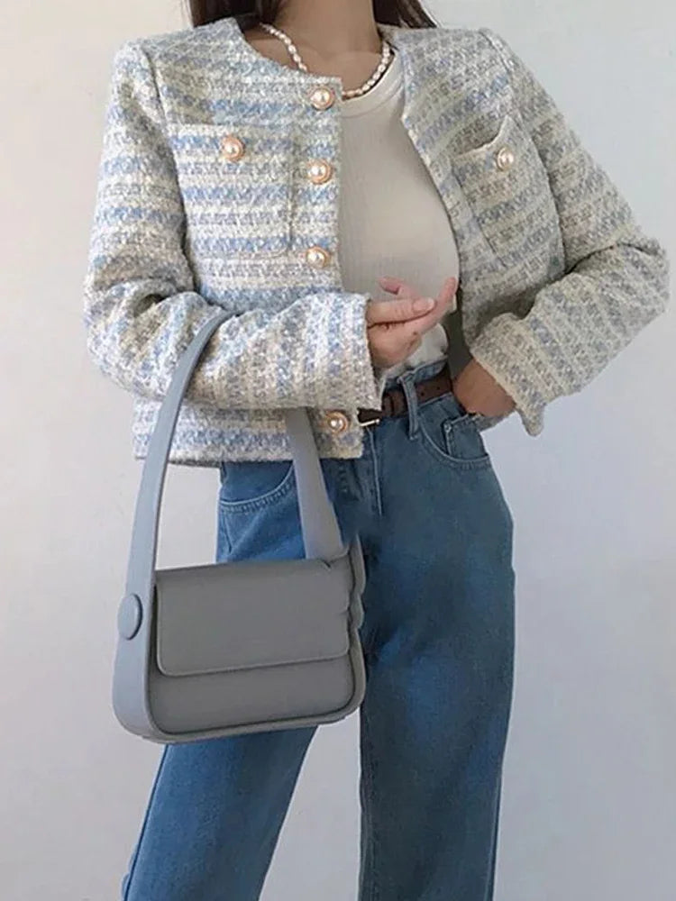 Autumn Winter Women Elegant Tweed Cardigan Short Coat With Pocket Single Breasted Jacket For Women Loose Outwear