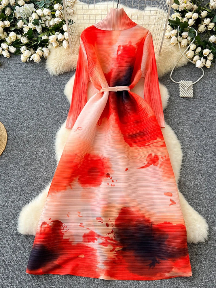 XFPV Elegant Style Long Sleeve Lapel Waist Cinching Strap Pleated Print Dress Vestidos For Women Y2k Korean Fashion Autumn 2024