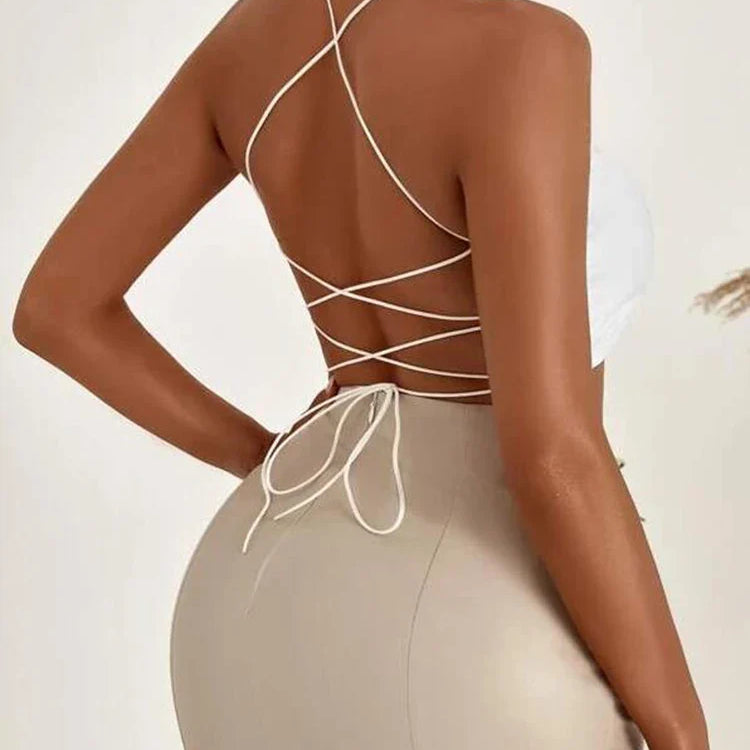 Summer New SXY Backless Lace Up Crop Cami Top WHITE