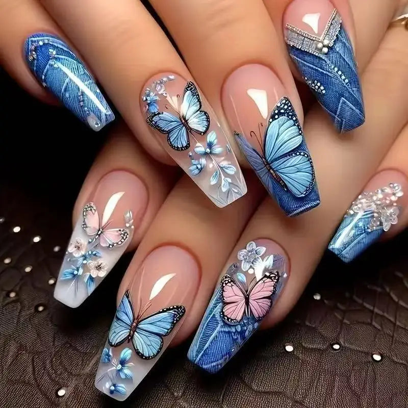 24pcs/set Medium Long fake nails for Spring summer beautiful flowers mushroom bees cute almond square tips press on false nails