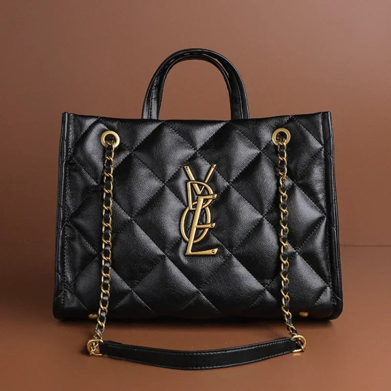 2025 New Women Genuine Leather Quilted Chain Tote Bag, Large Capacity Crossbody Sling Chic Shoulder Purse for Work and Travel