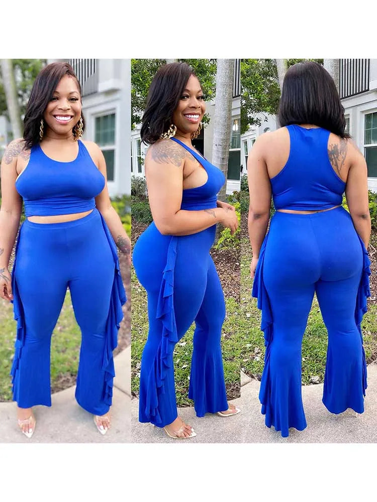 Style Plus Size Women Clothing Summer Two-piece Set Solid Color Tank Top Ruffle Pant Set Lady Trendy Suit Wholesale Dropshipping