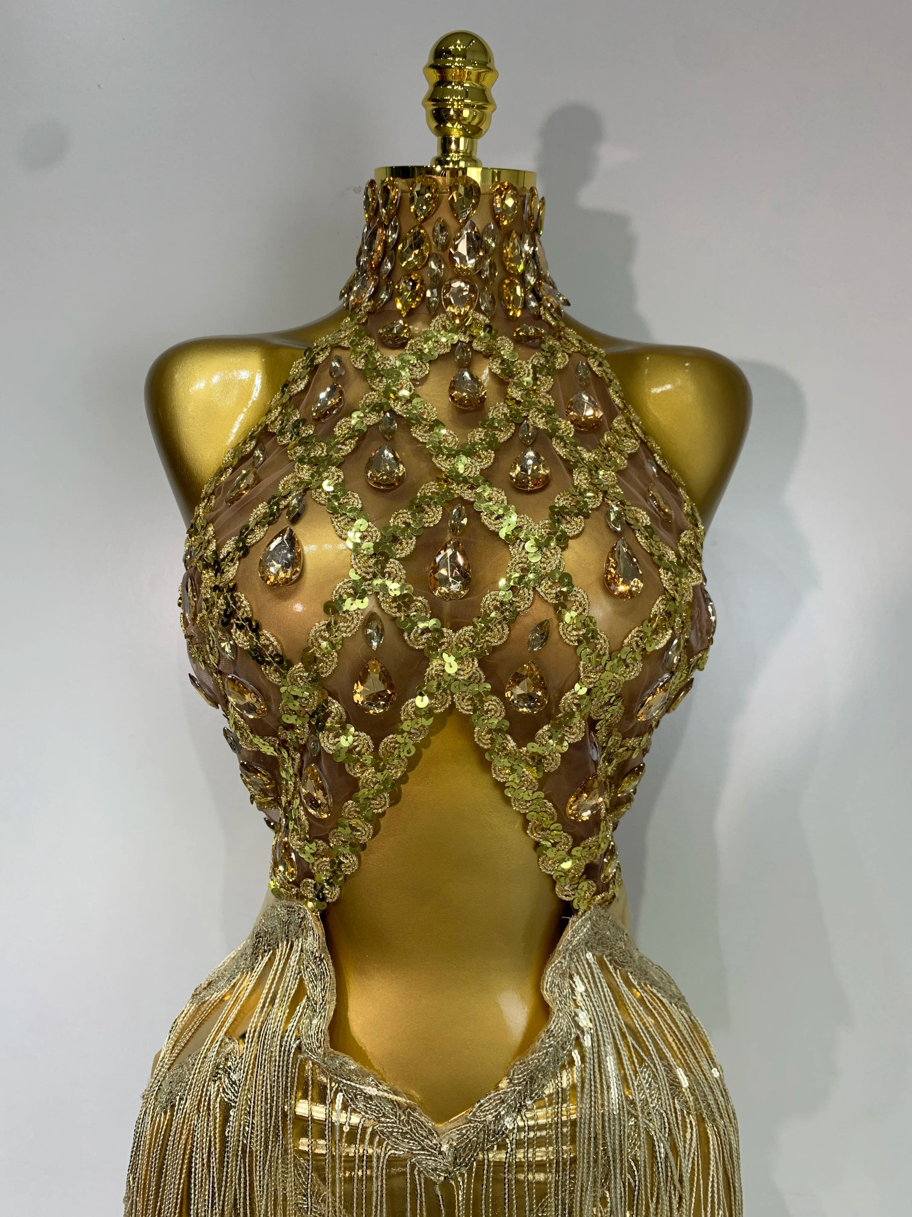 Women Birthday Party Rhinestones Tassels Transparent Short Dress Dance Show 2025 Sexy Fashion Gold Sparkly Stage Costume