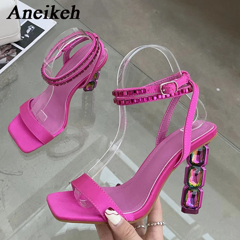 Sexy Sparkly Stacked Crystal Heel Sandals Woman Summer Thin Embellished Ankle Straps High Heel Shoe for Women Pumps Rose red