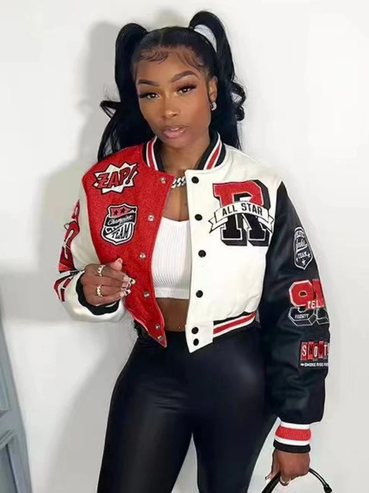 Overcoat Casual Letter Print Patchwork Jacket Round Neck Regular Fit Blazer Women Y2k Style Fall Coat Autumn Winter Short Jacket Red