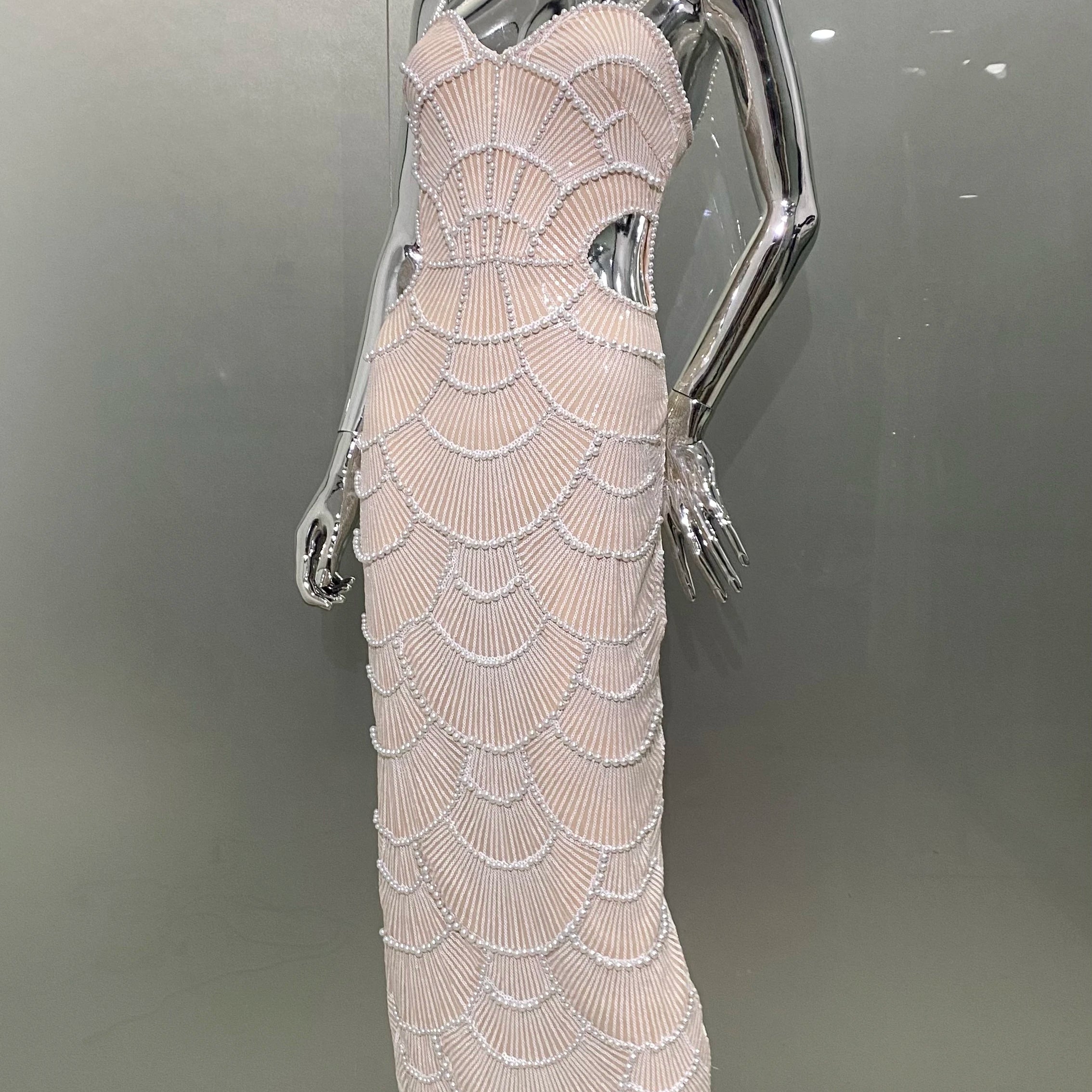 Women Sexy Pearl Beading Sequins Bodycon Mid-calf Dress Fashion Celebrate Evening Party Birthday Dress Wholesale
