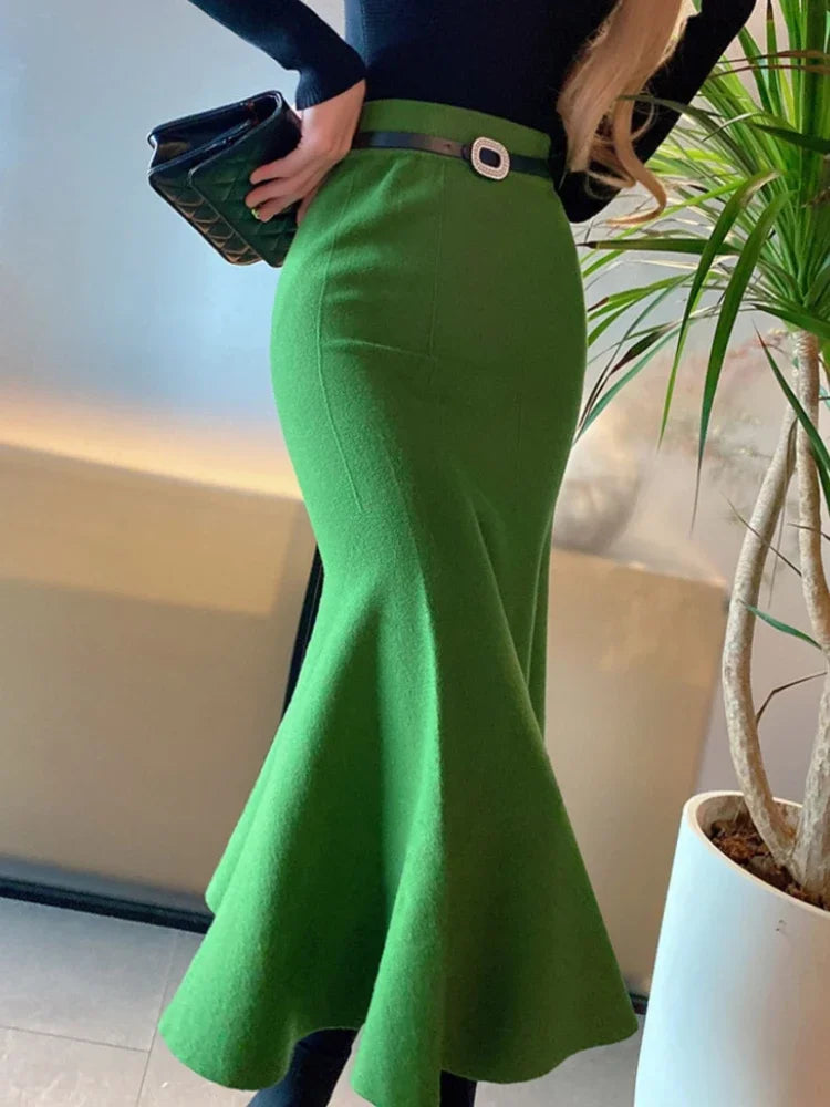 Women's Skirts Autumn Winter Fashion Knitted Long Skirts for Women Green Vintage Slim Korean Style A-LINE Fishtail Skirt