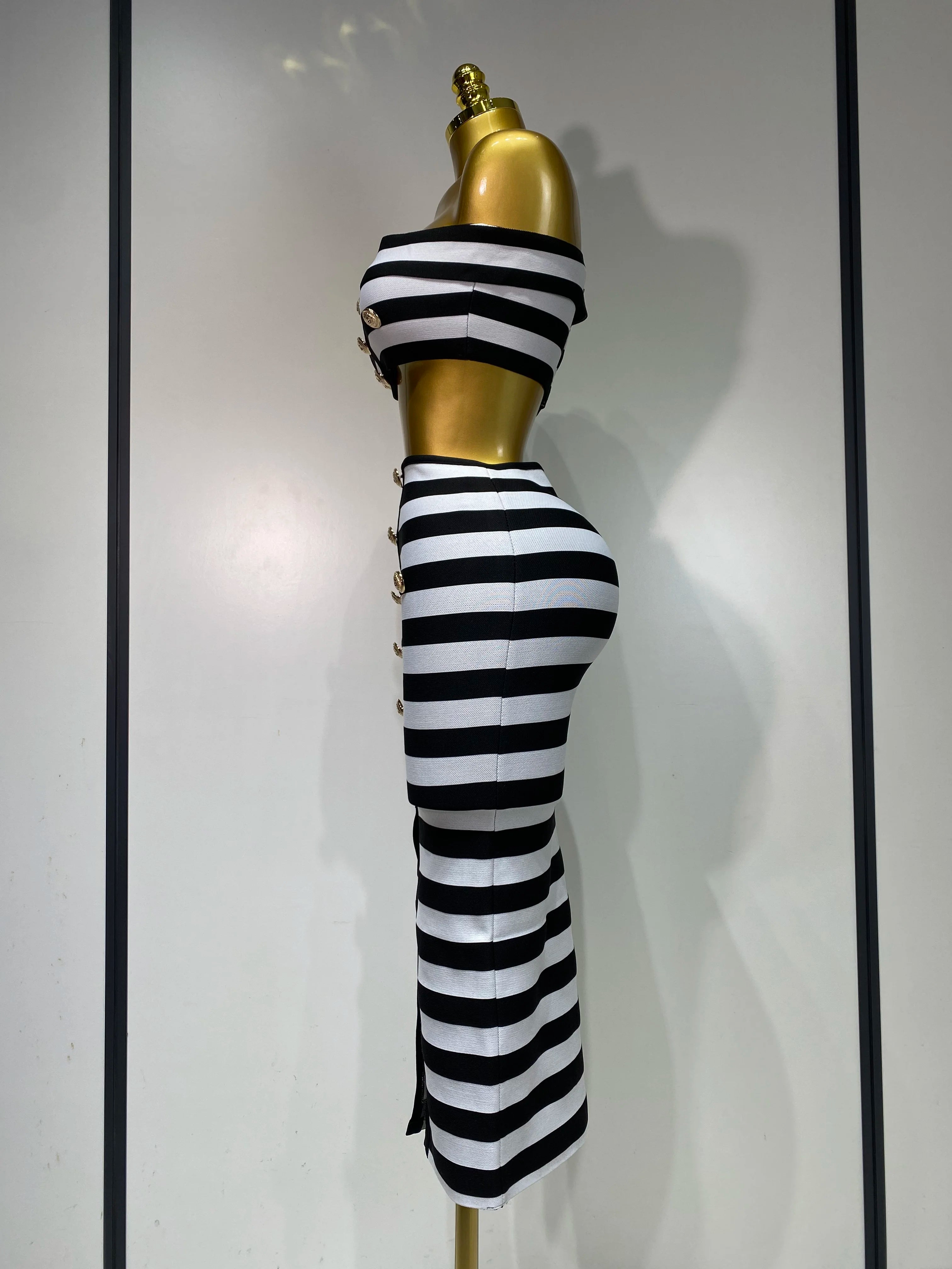 Women Sexy Off Shoulder Striped Button Two Piece Mini Bandage Set 2025 Celebrity Designer Evening Party Luxury Birthday Outfit