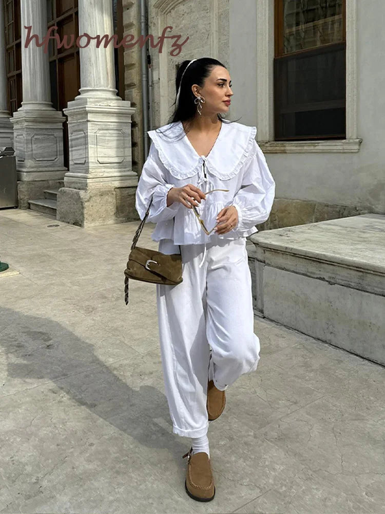 Chic Lace Up Pleated Women Shirts Blouses Lantern Sleeve White Female Streetwear Loose Spring Summer Lapel Elegant Lady Top