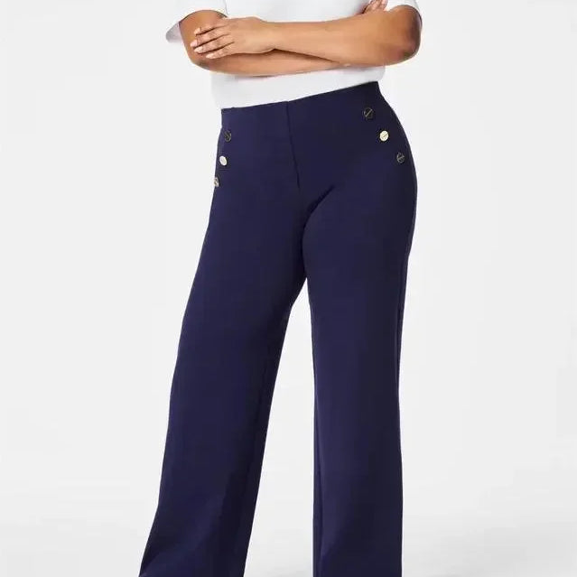 Tummy Control Button Wide Leg Pant for Women Dropshipping Womens Office Wide Leg Pants Loose Casual Trousers Straight Pants 2024 Blue Tall