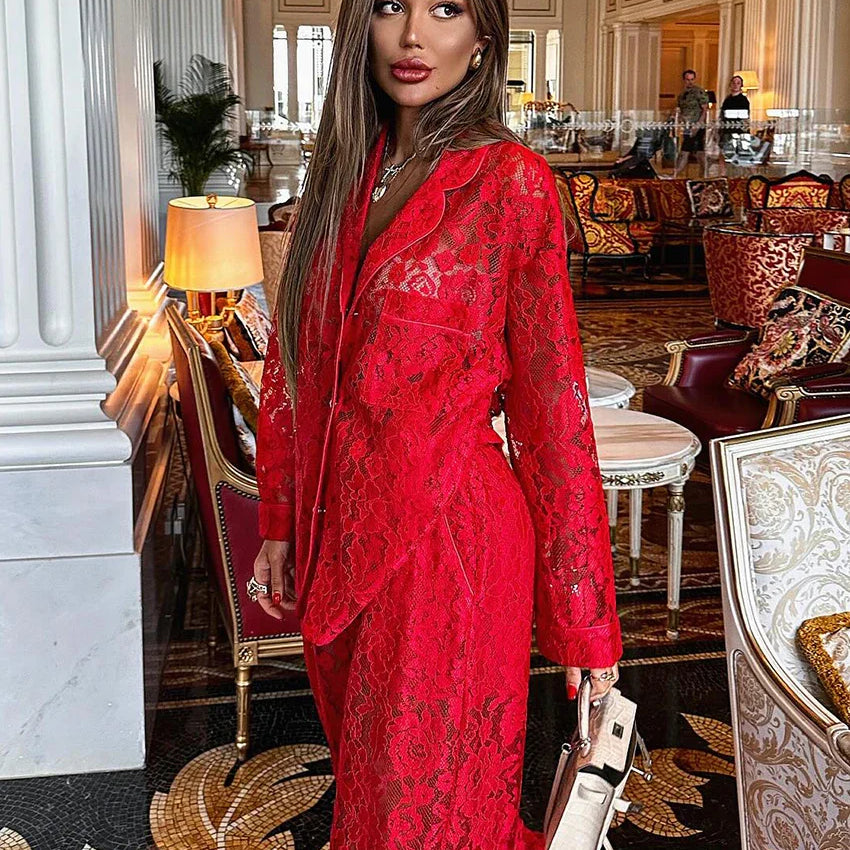 Clacive Sexy Loose Black Lace See Through Trousers Sets Women 2 Pieces Fashion Long Sleeve Shirt With High Waist Wide Pants Set