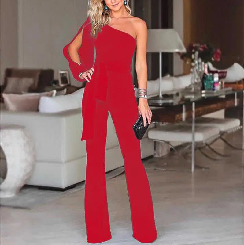 Summer New Women's High Waist Tie Up Solid Color Slim Fit Sexy Jumpsuit Slant Shoulder Elegant Banquet Women's Wear Red