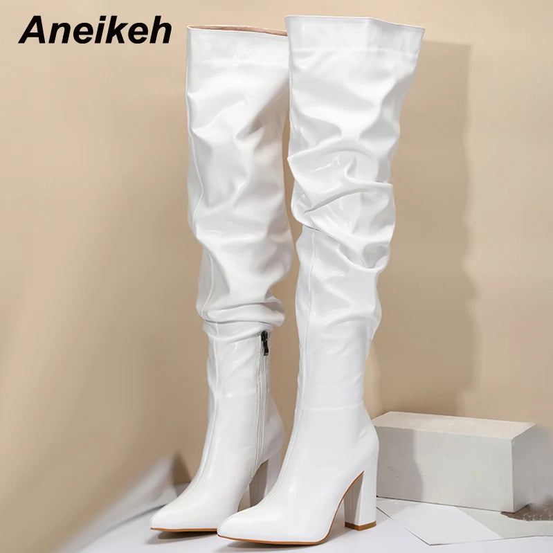 Design White Pleated Leather Over The Knee Boots Fashion Runway Thick High Heels Sexy Pointed Toe Zip Womans Shoes