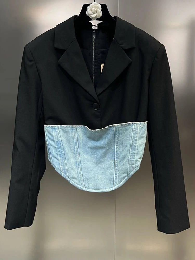 Color Patchwork Belt Casual Blazer For Women Notched Collar Long Sleeve Tunic Temperament Blazers Female Fashion Style Black
