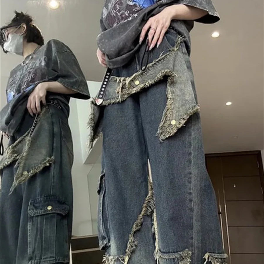 Y2k Cargo Jeans Pants Women Rave Pants Street Oversize Loose Wide-leg Pockets Female Pant Vintage Hip Hop Denim Trousers