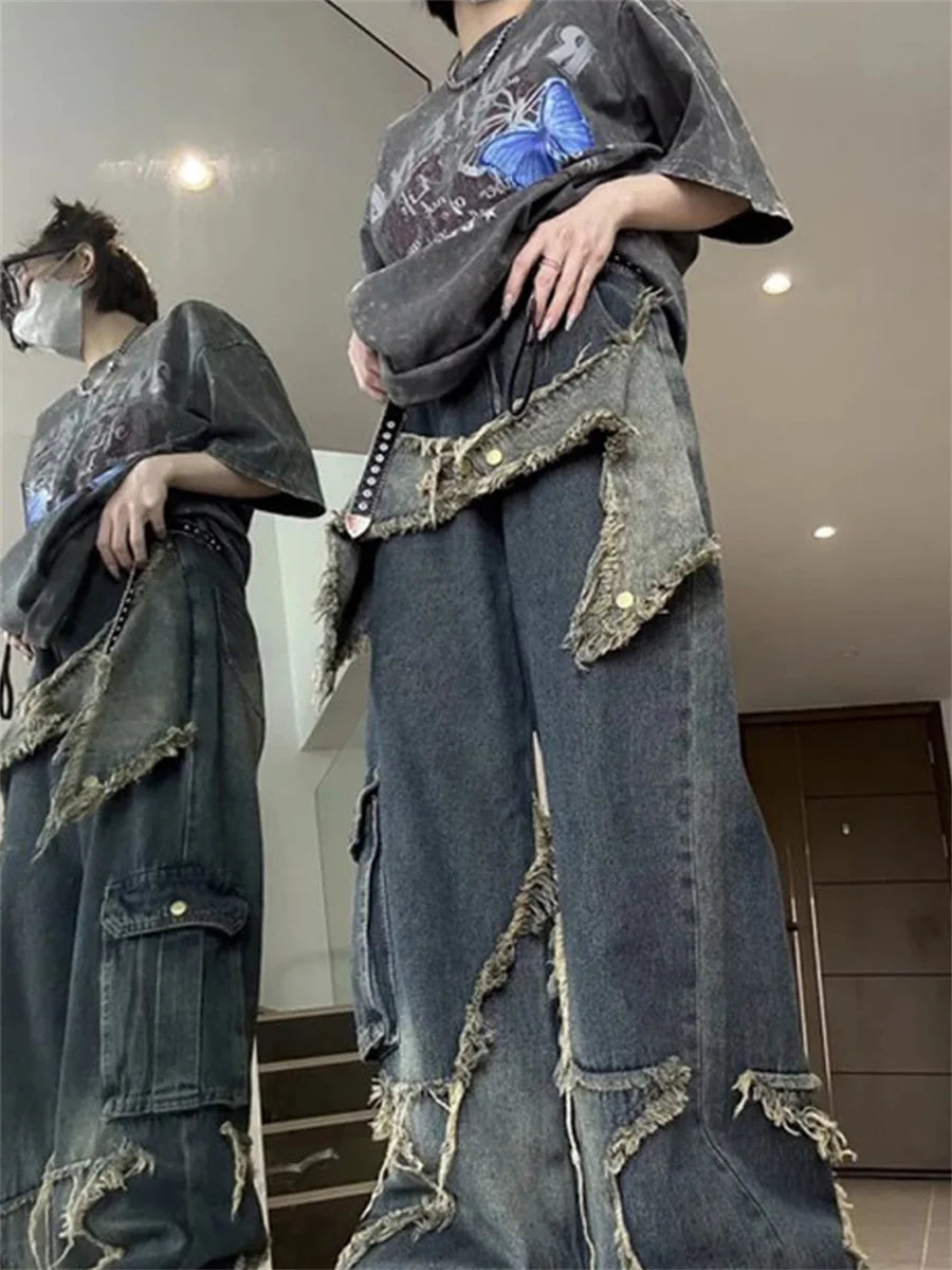 Y2k Cargo Jeans Pants Women Rave Pants Street Oversize Loose Wide-leg Pockets Female Pant Vintage Hip Hop Denim Trousers