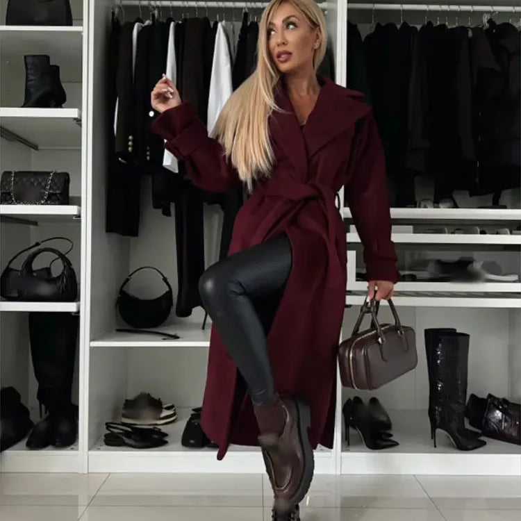 Women's Solid Turndown Collar Single-breasted Coat Casual Long Sleeves Burgundy Women Coat New Fall Winter Office Lady Outerwear PURPLE