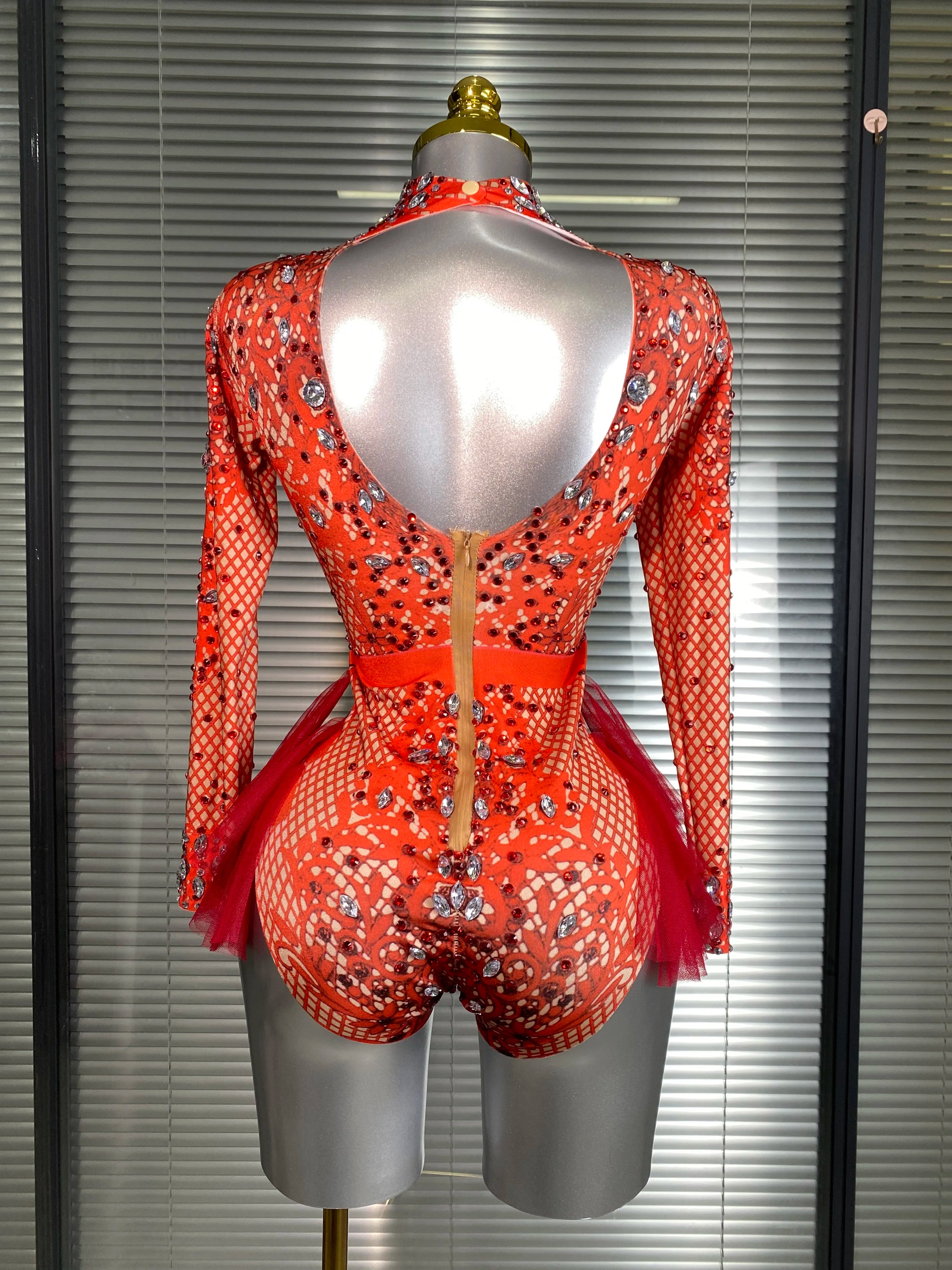 Summer New Women Sexy Skin Red Pink Crystal Stretchy Night Club Singer Dancer Tassel Dancer Stage Costume Party Bodysuit