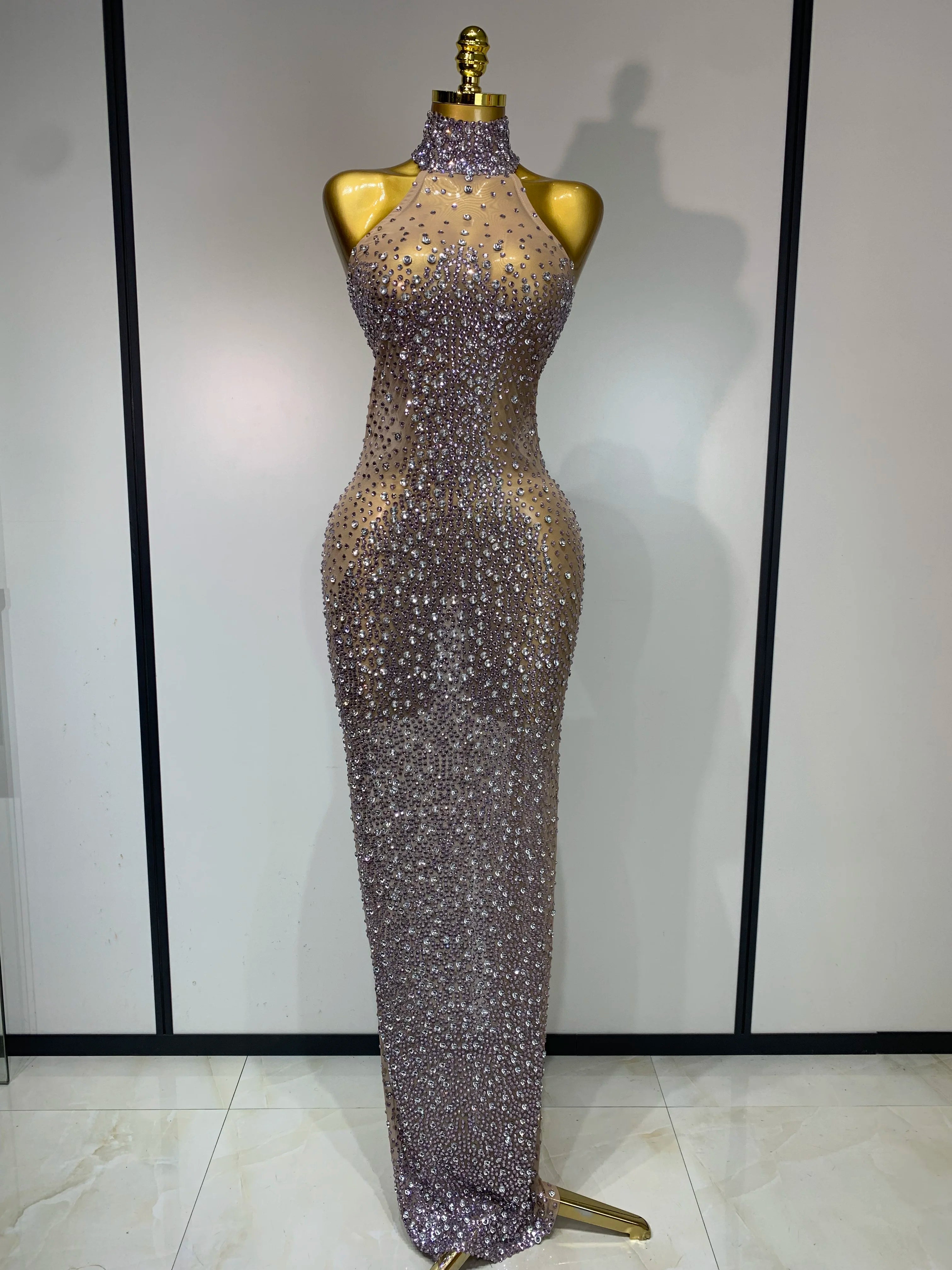 Sparkly Rhinestones Sleeveless Dress Sexy Mesh Transparent Celebrate Evening Wedding Prom Luxury Birthday Dresses Stage Outfit