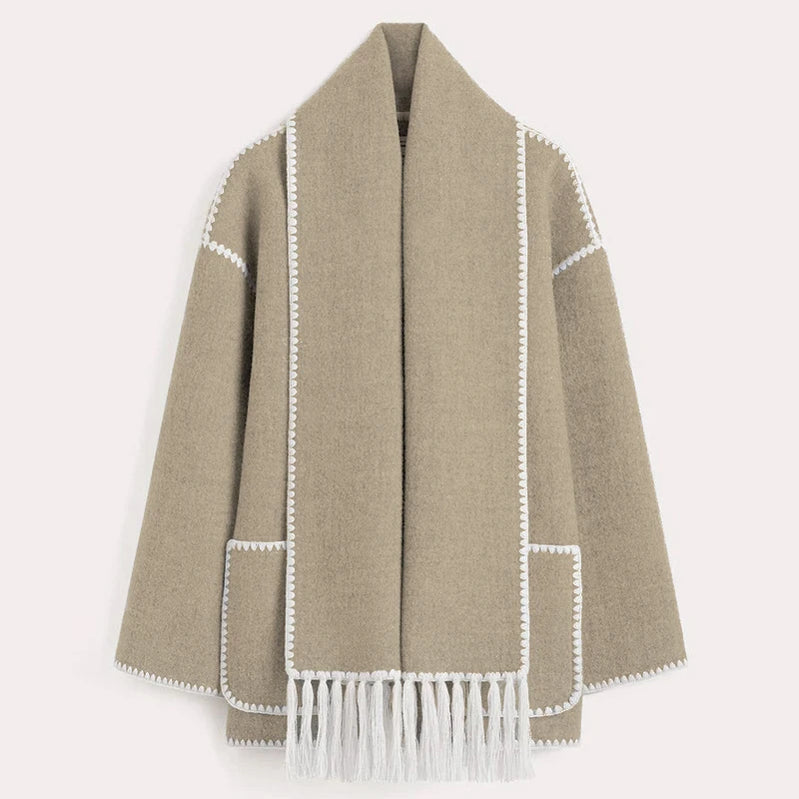 Fashion Embroidery Coat With Scarf For Women Long Sleeve Pockets Jacket Female Autumn Single Breasted Loose Lady Streetwear as picture 5