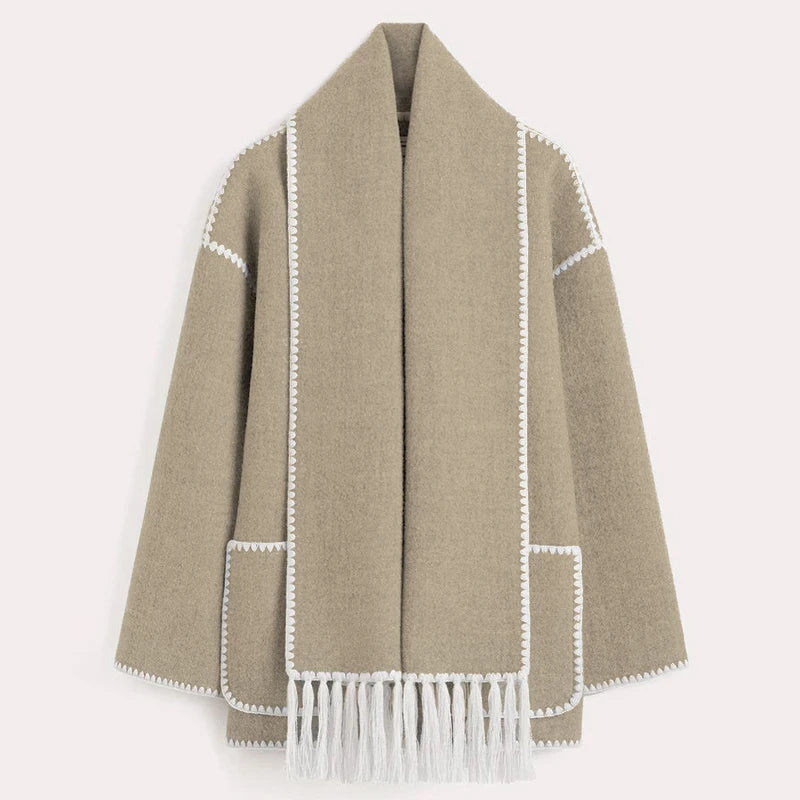 Fashion Embroidery Coat With Scarf For Women Long Sleeve Pockets Jacket Female Autumn Single Breasted Loose Lady Streetwear as picture 5