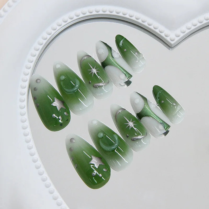 24pcs Summer Green Almond Press on Nails Fashion y2k Star Print False Nails Ins Simple Wearable Reusable Fake Nails for Women